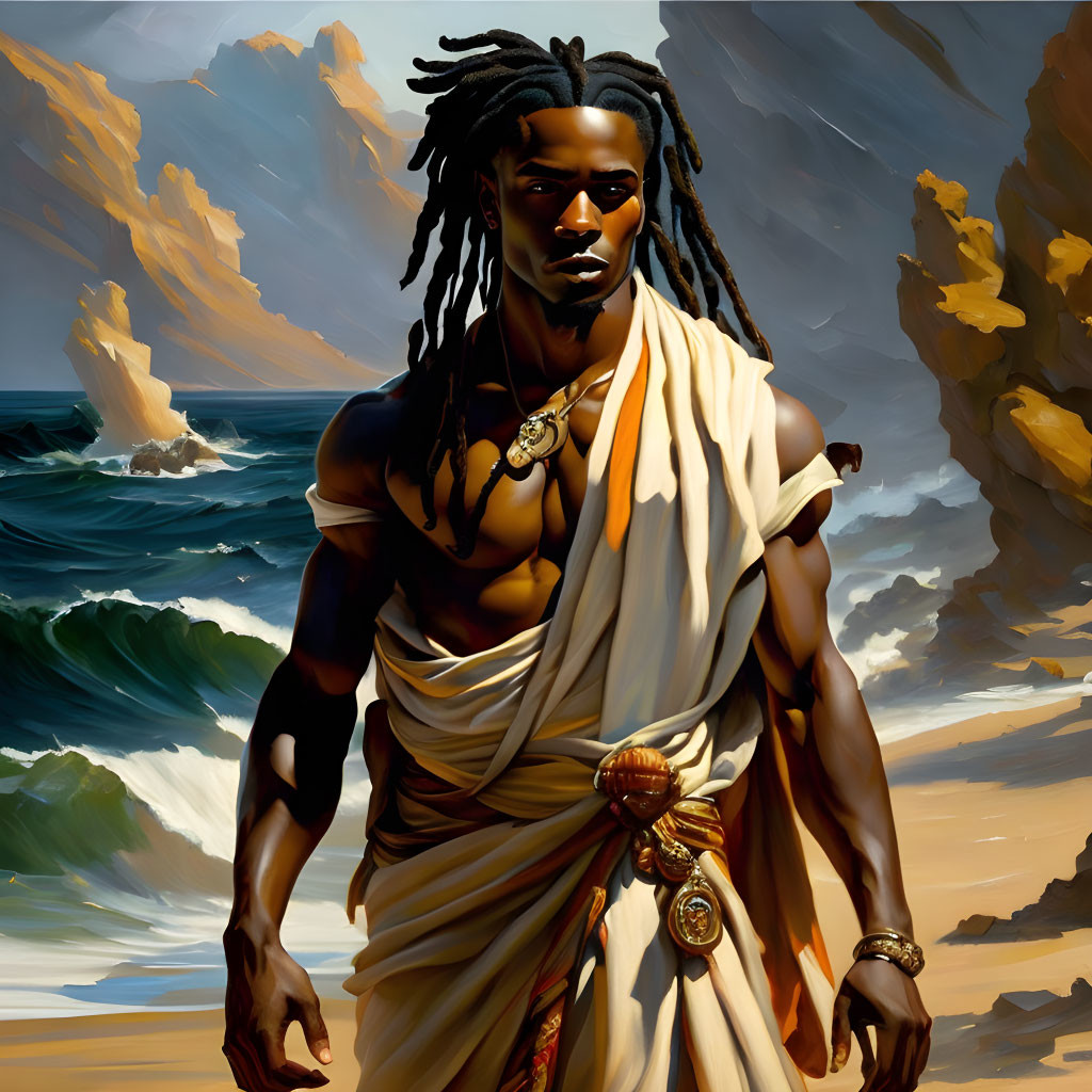 Man with dreadlocks in gold-accented toga by the sea exudes strength and tranquility