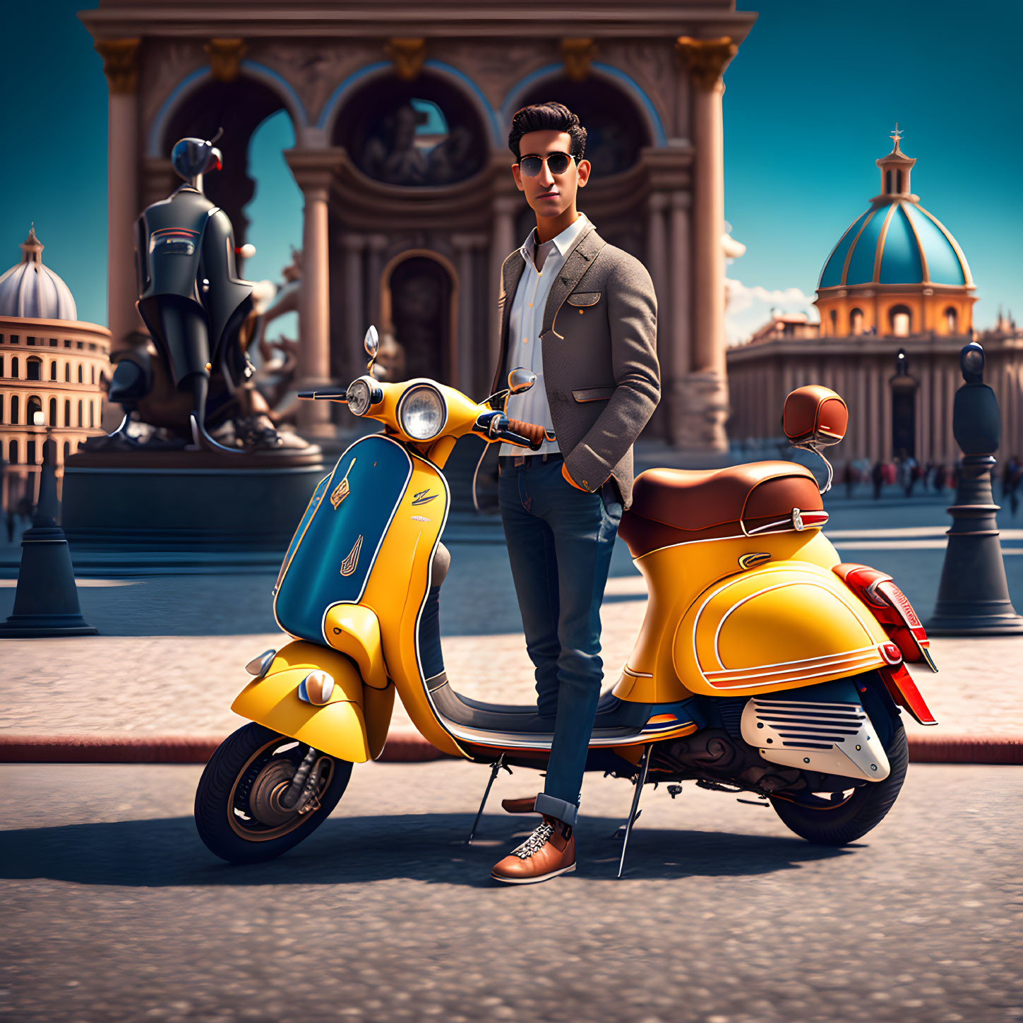 Fashionable man in sunglasses and casual attire near yellow scooter in sunny European square with historic buildings.