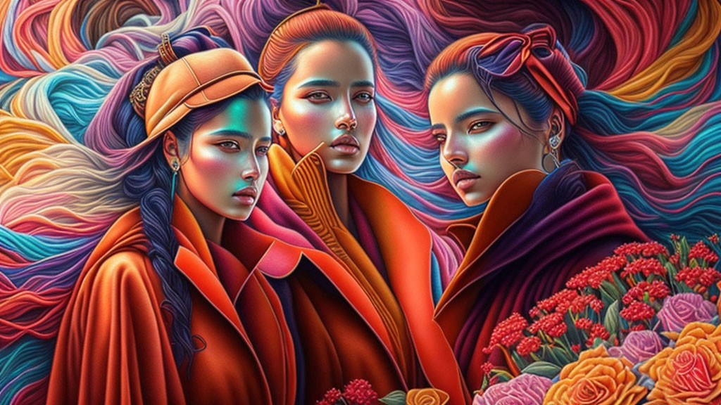 Vibrant portrait of three women with flowing hair and colorful clothing