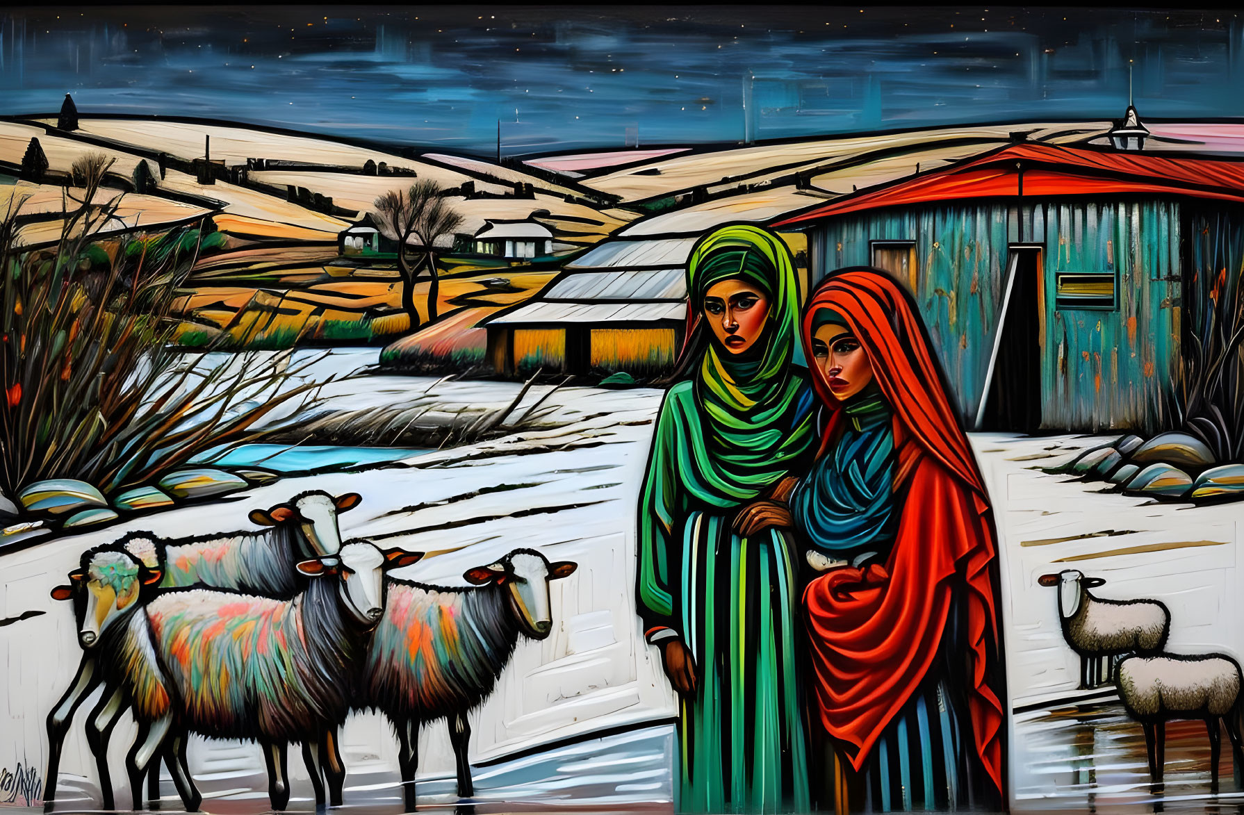 Colorful painting: Two women in traditional attire with sheep in pastoral landscape.