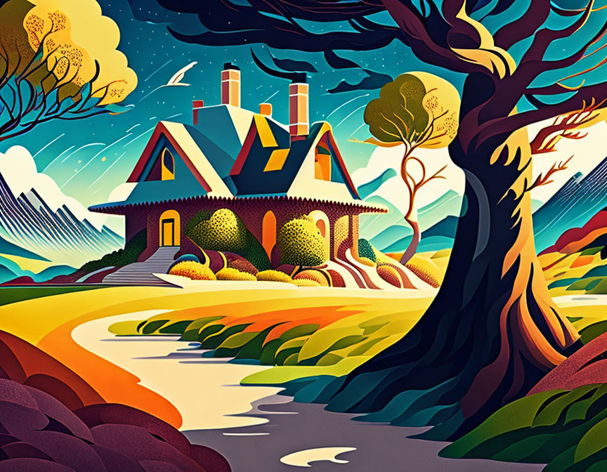 Colorful Stylized Illustration of Quaint House in Vibrant Landscape