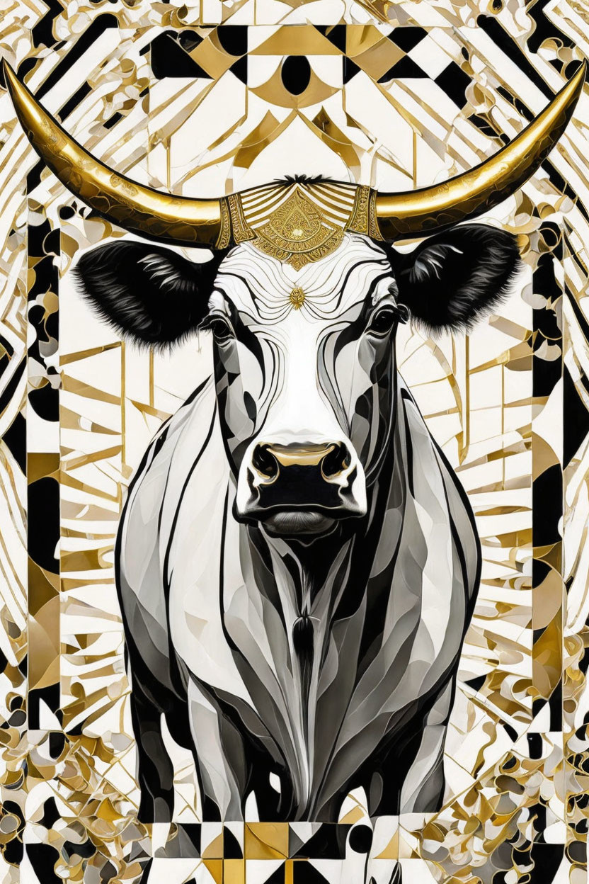 Stylized cow with golden horns and headpiece on geometric gold and white backdrop