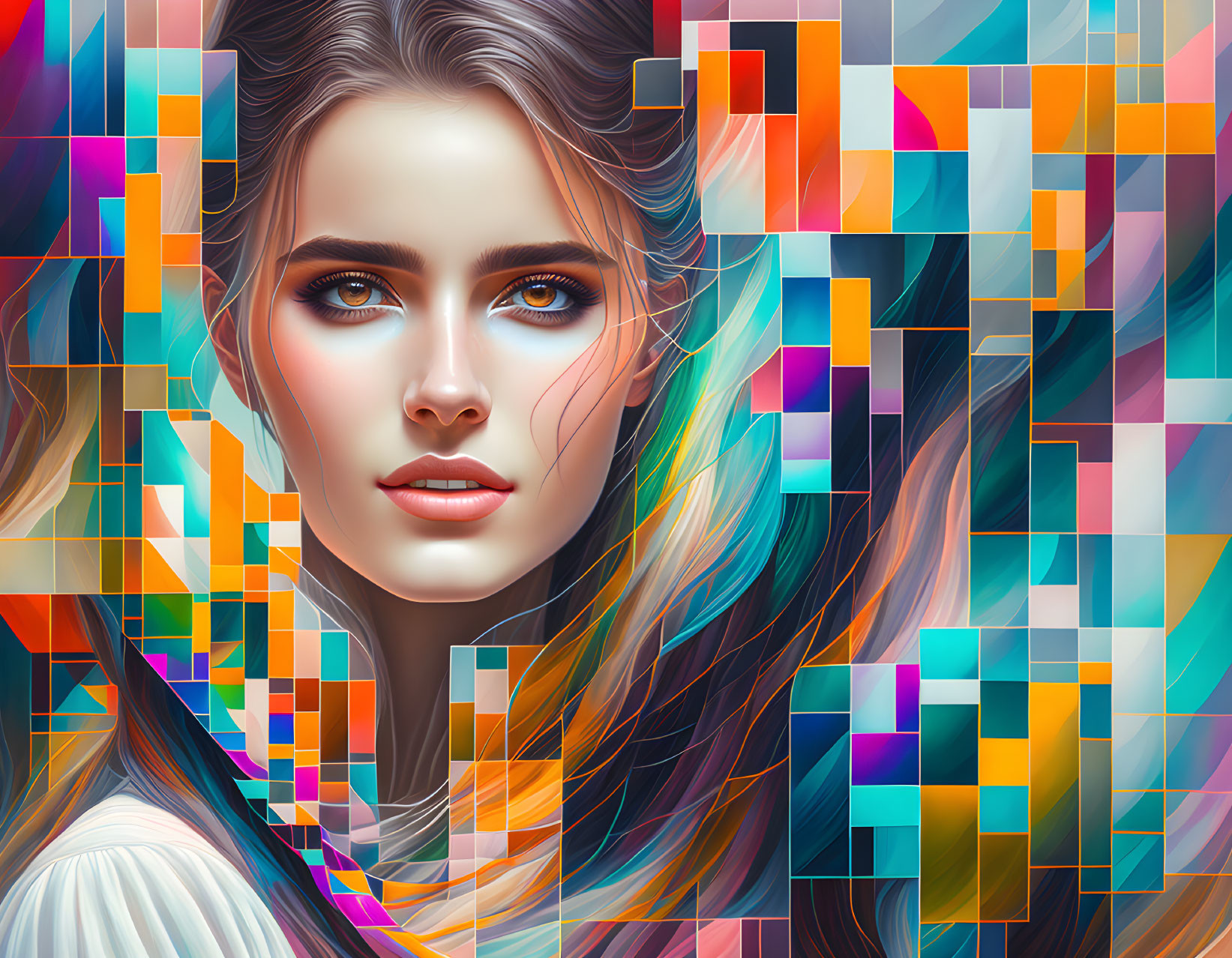 Digital Art Portrait: Woman with Striking Blue Eyes and Vibrant Geometric Shapes