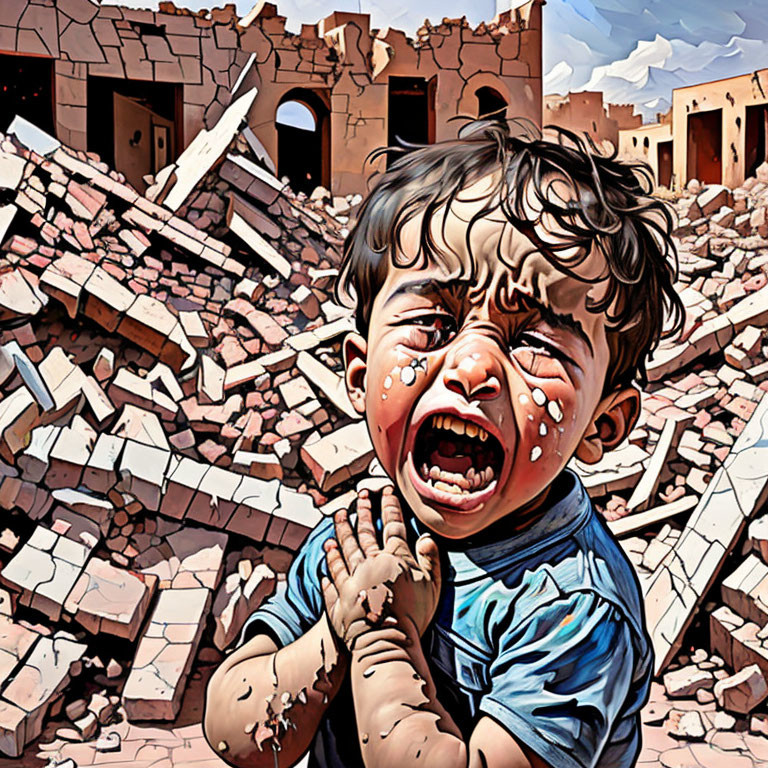 Distressed child amid rubble and destruction.