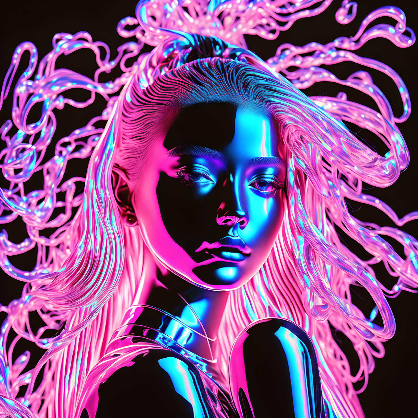 Vivid 3D illustration of woman with flowing hair in neon colors