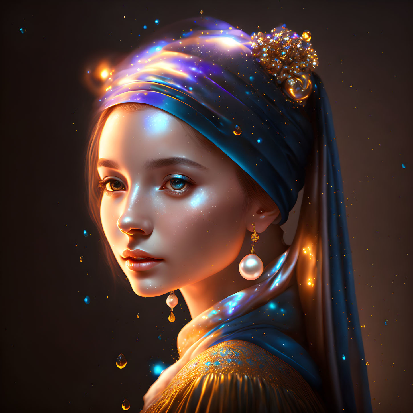 Digital portrait of a woman with starry turban, pearl earring, and mystical ambiance