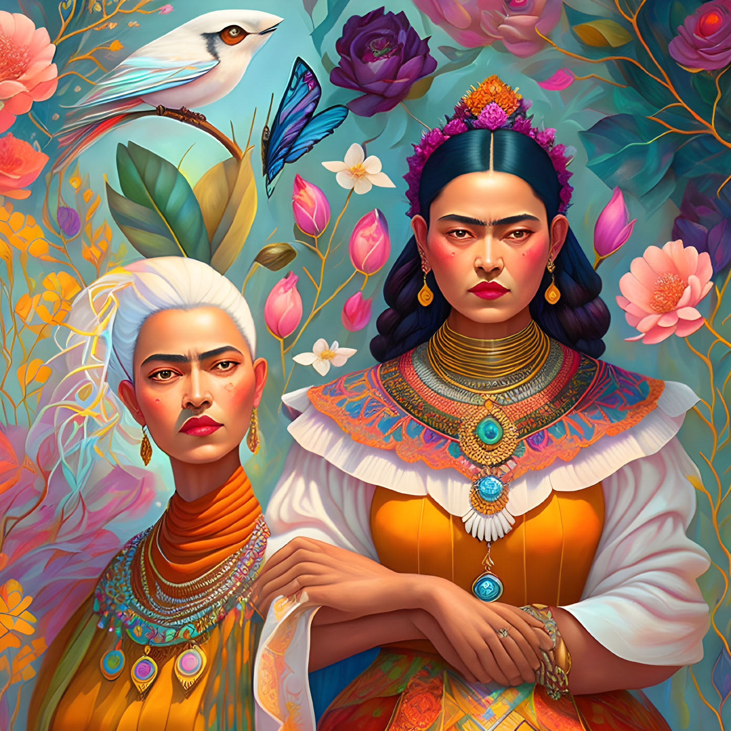 Colorful illustration of stern-faced women with traditional jewelry in floral setting