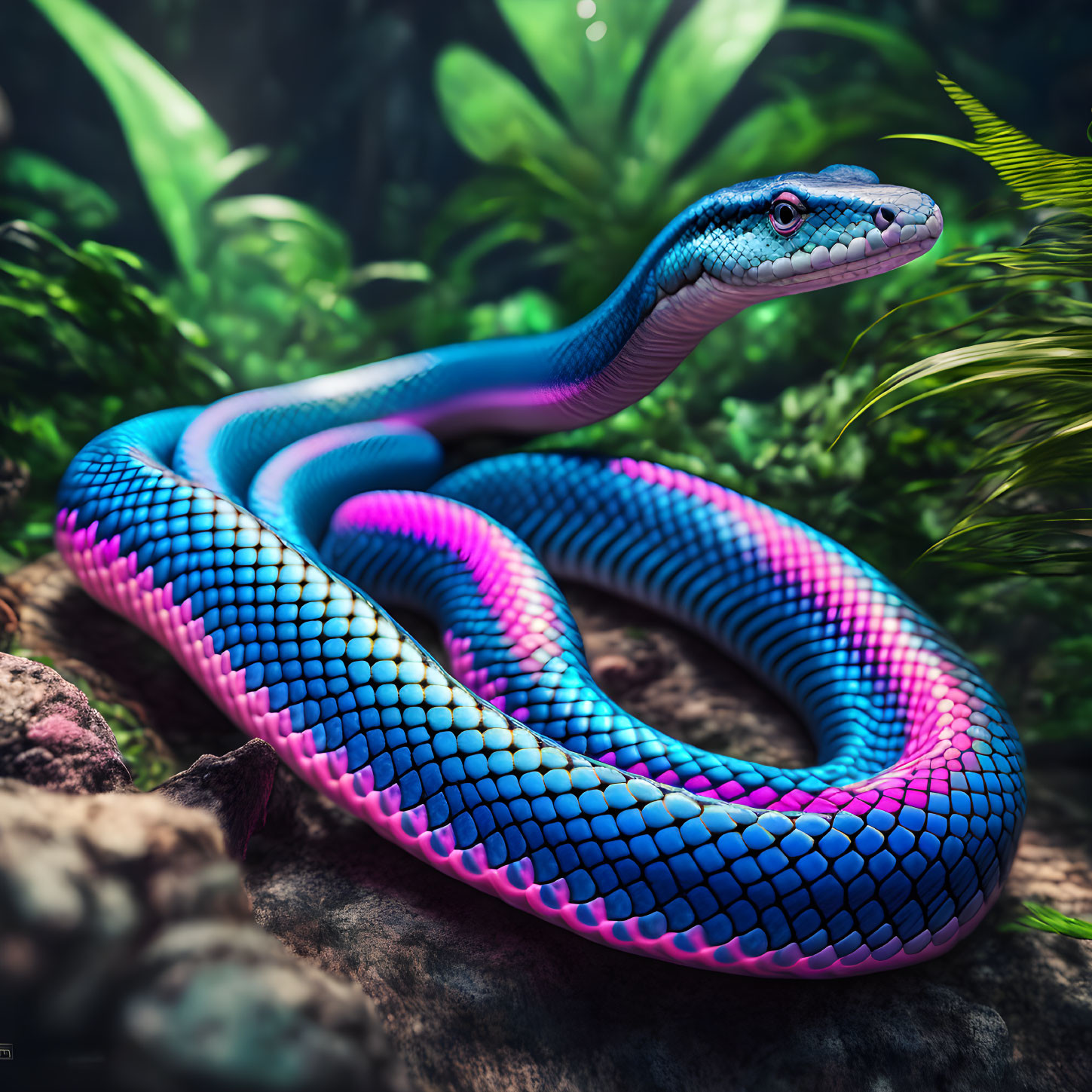 Vibrant Blue and Pink Snake Illustration Among Green Foliage