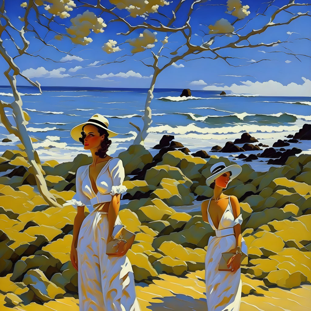 Two Women in White Dresses and Hats on Rocky Shore by the Sea