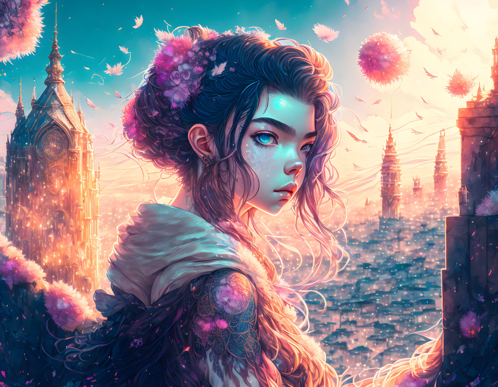 Fantastical digital artwork: Woman with ornate hair and glowing blue eyes in cityscape.