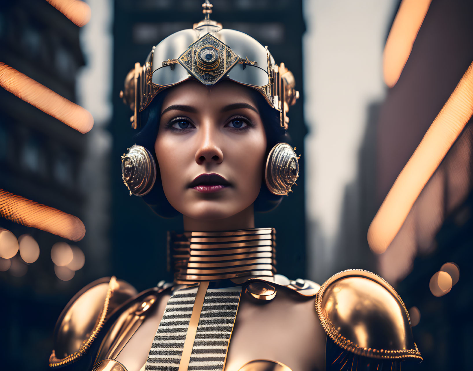 Woman in Golden Steampunk Costume in Cityscape