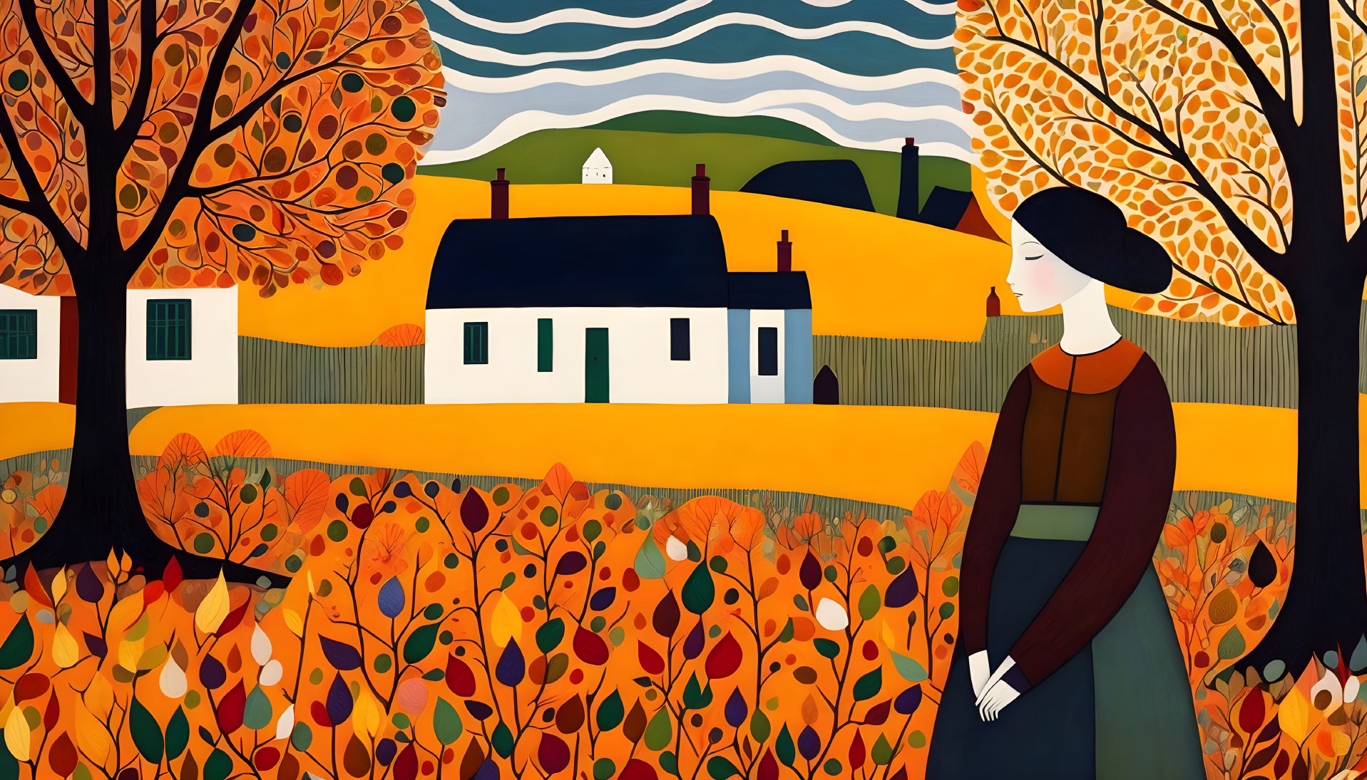 Woman in stylized autumn landscape with colorful trees and white houses