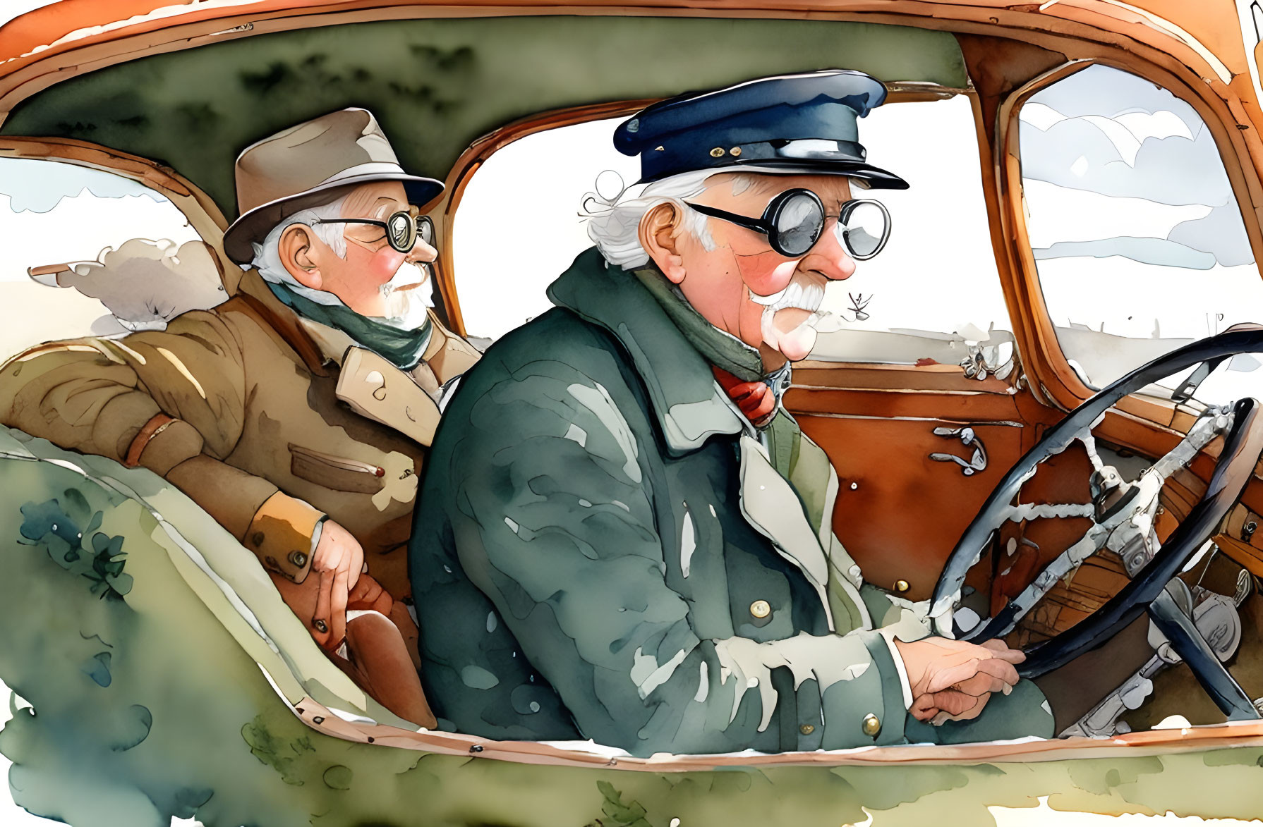 Elderly gentlemen in vintage attire driving old-fashioned car