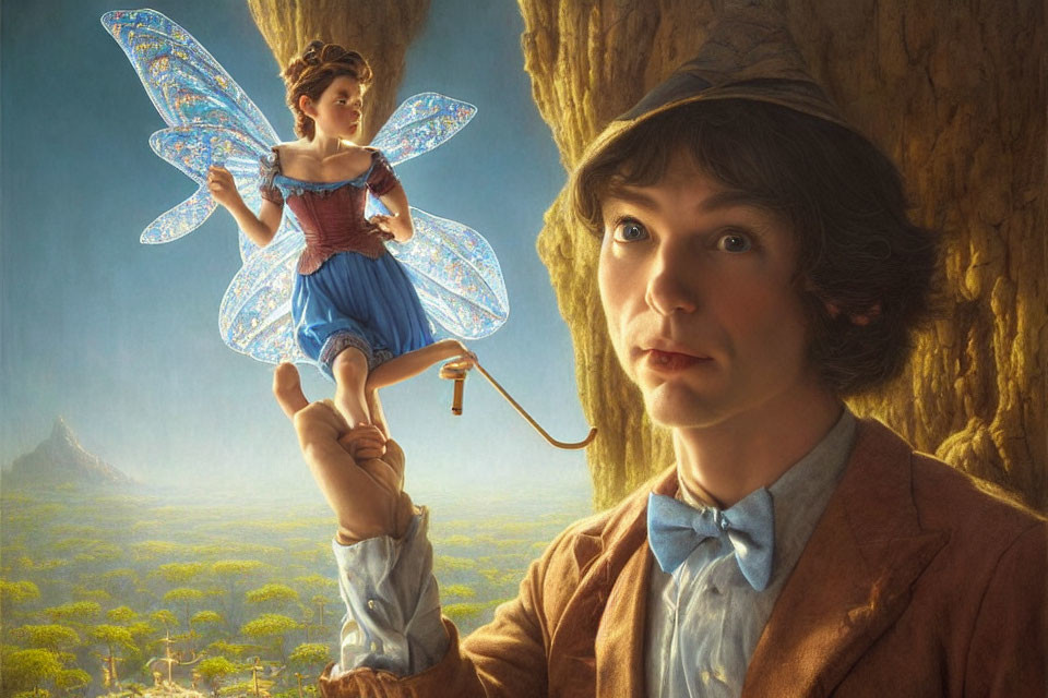 Person in Bow Tie Holding Fairy in Fantastical Landscape