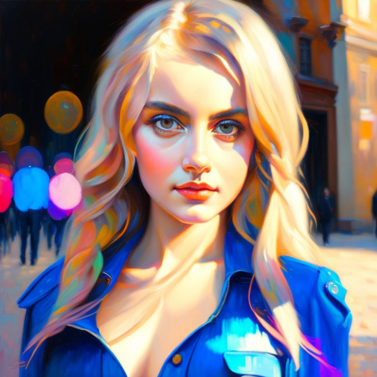 Blond woman with blue eyes in blue shirt against city lights