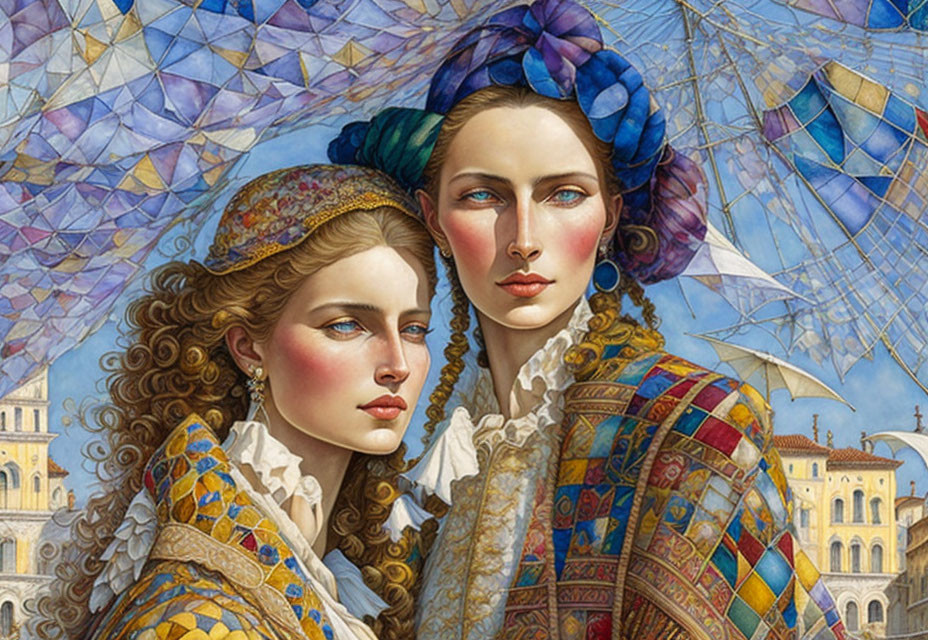 Two women in Renaissance attire with intricate hairstyles against geometric backdrop.