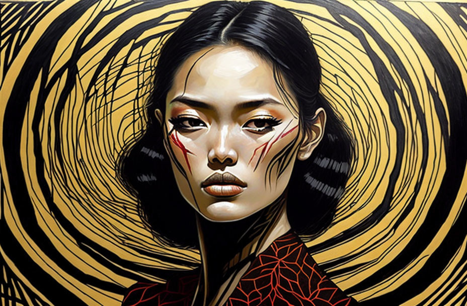 Intense gaze portrait with red-lined makeup on black and gold swirl background