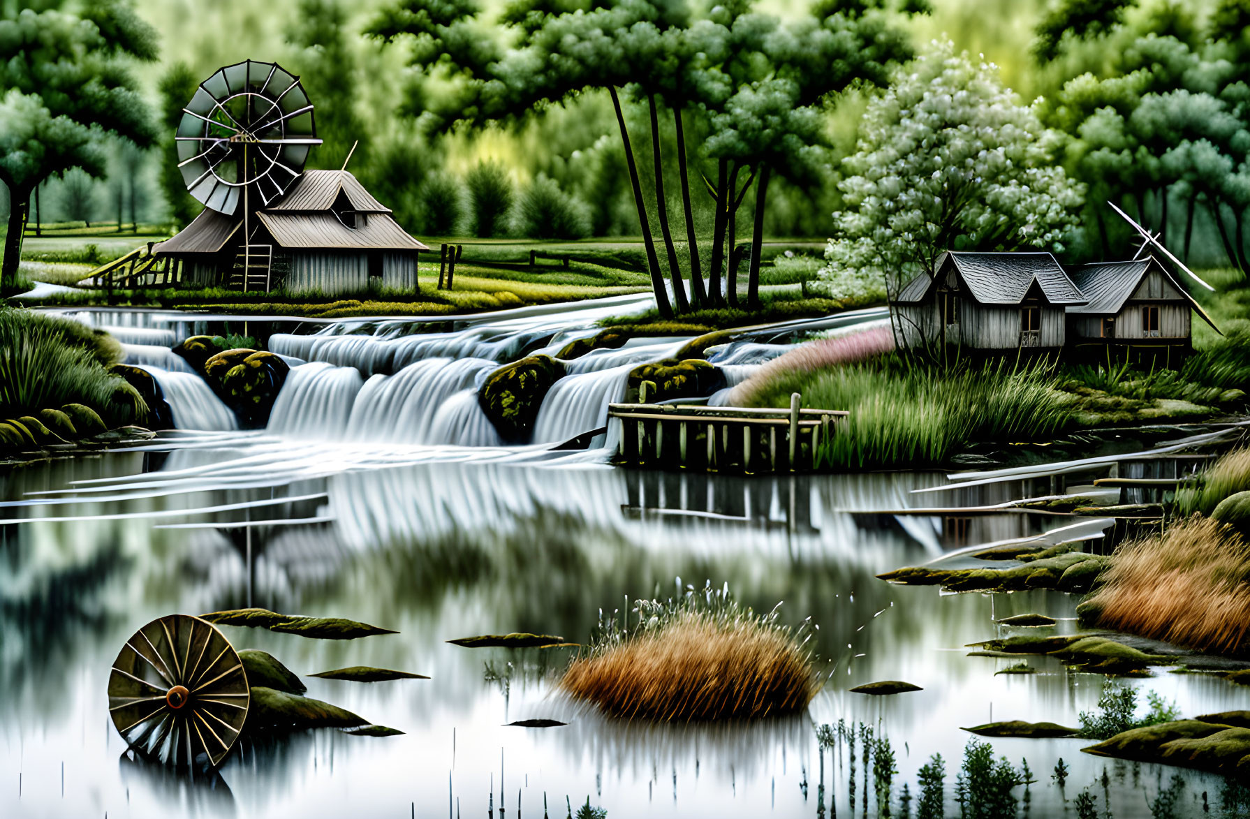 Tranquil landscape with waterfall, windmills, greenery, and calm waters