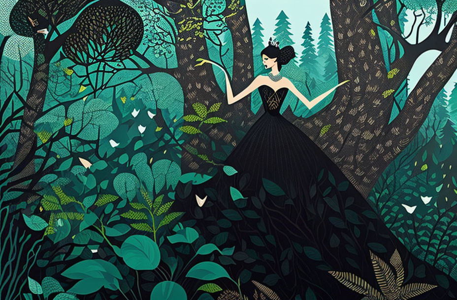 Stylized illustration: Woman in black dress in lush green forest.