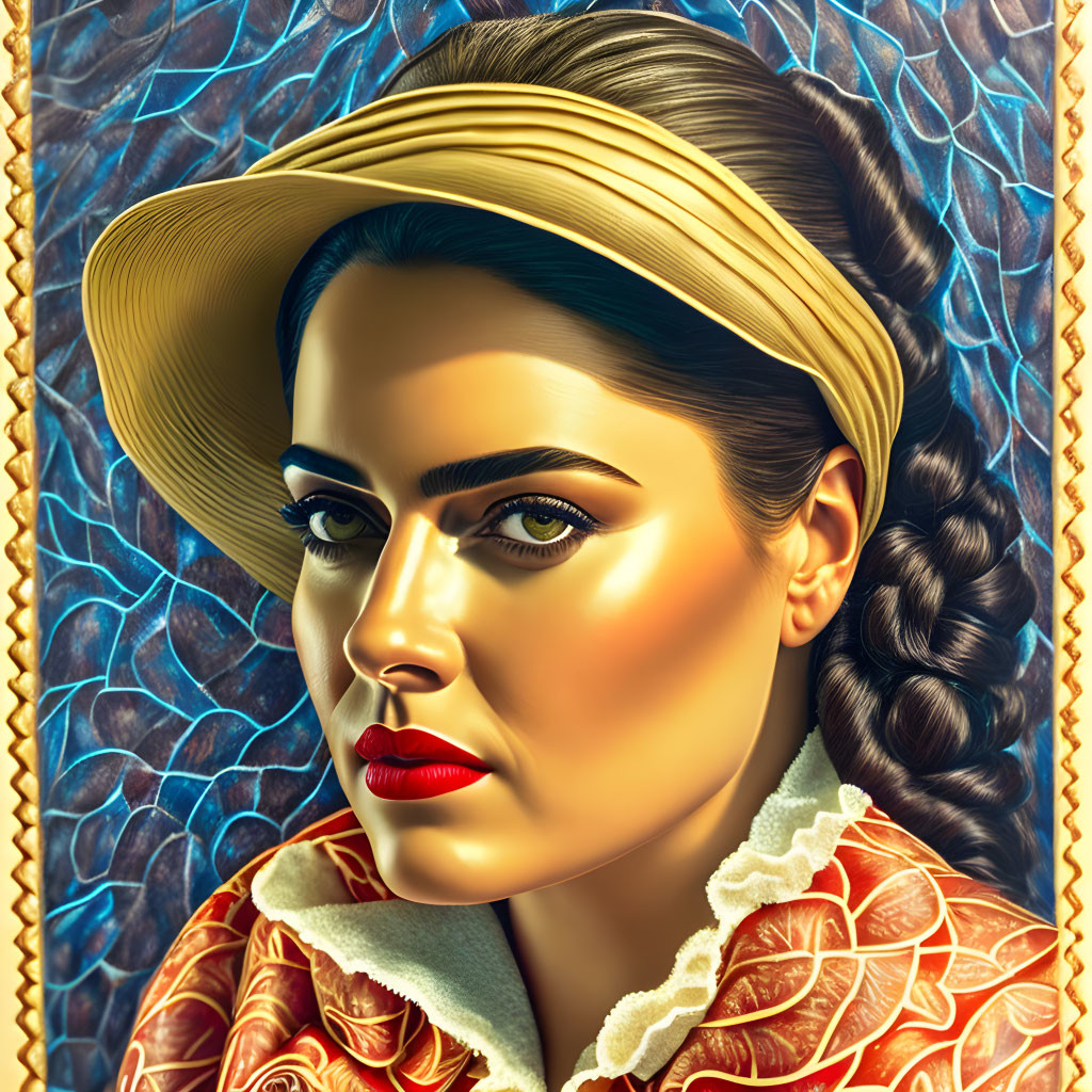 Stylized portrait of woman with braided hairstyle, hat, and red lipstick on textured blue background