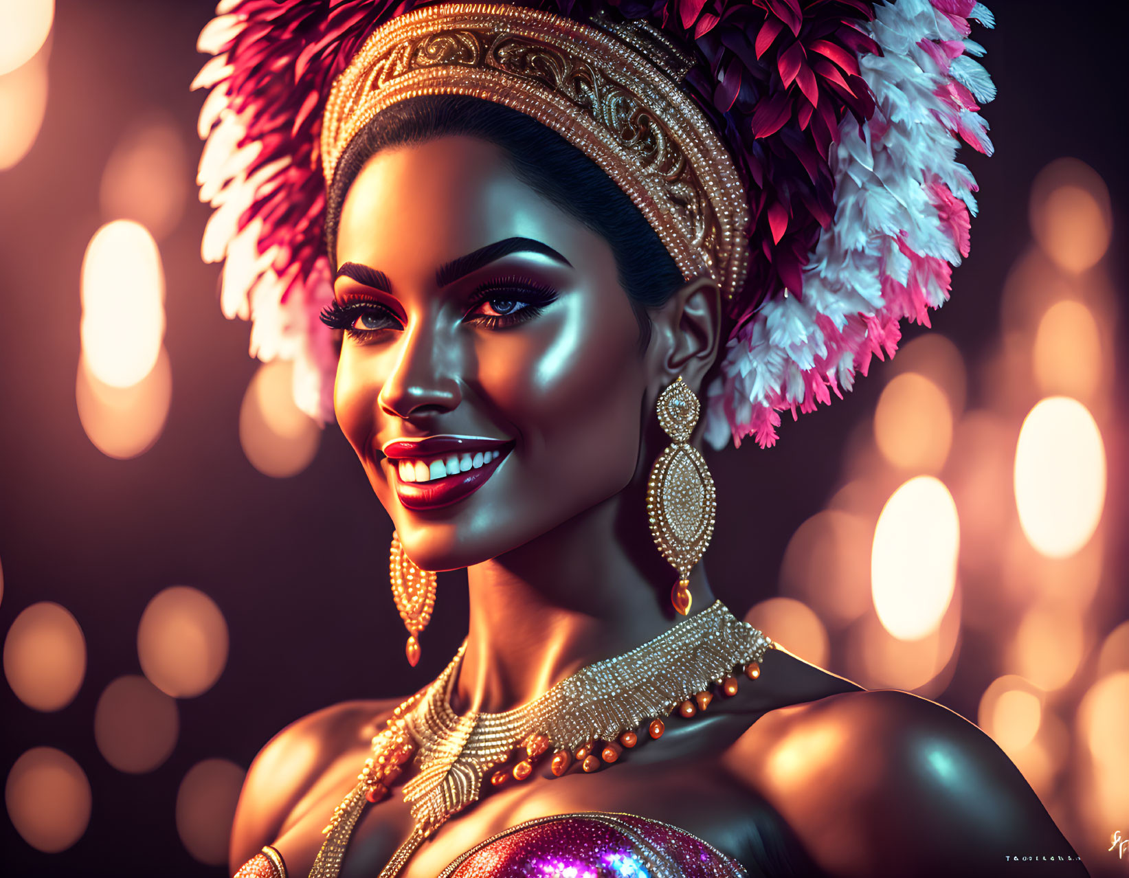 Smiling woman in feathered headdress with sparkling jewelry