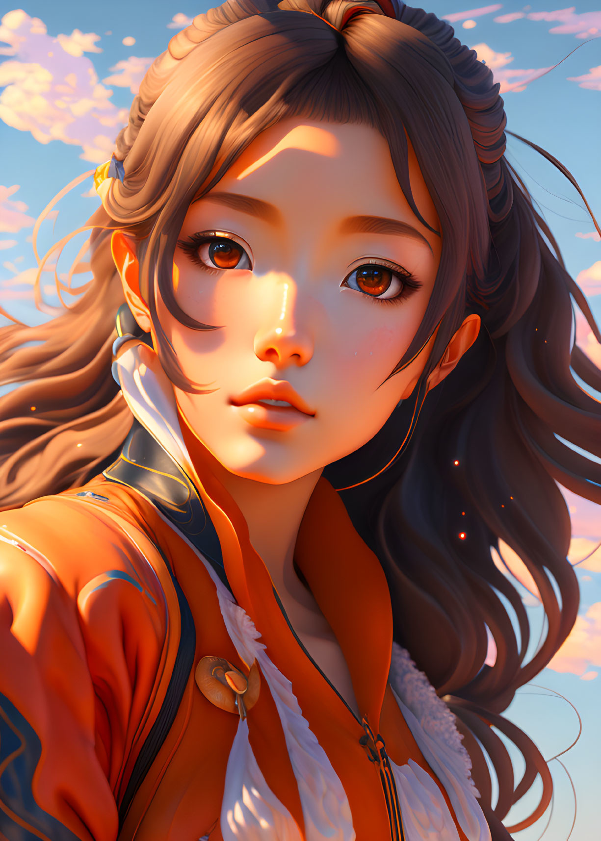 Detailed digital artwork: young woman with brown eyes and flowing hair against sunset sky.