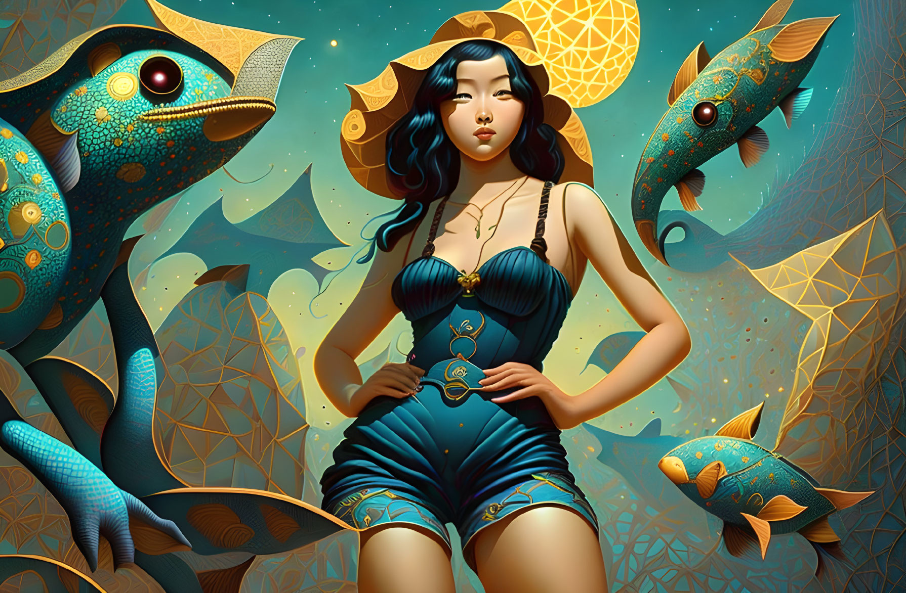 Stylized woman with long hair and fantastical fish in intricate design.