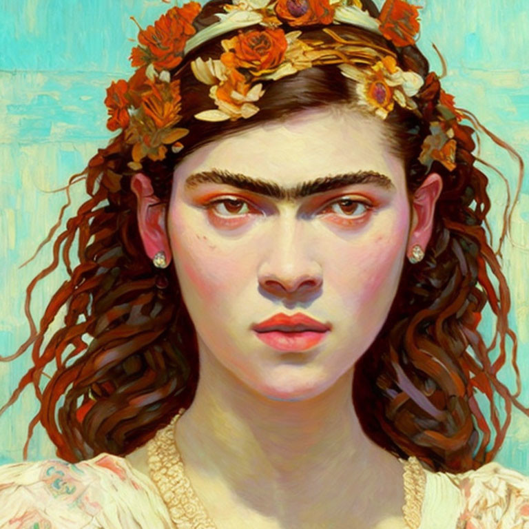 Portrait of a Woman with Unibrow and Floral Headpiece on Blue Background