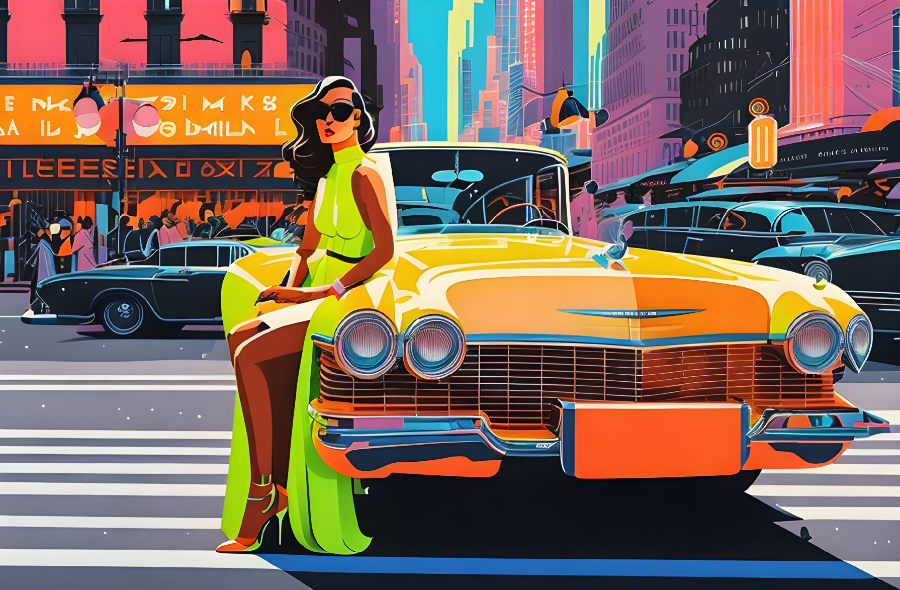 Vibrant cityscape illustration: woman in yellow dress on classic car hood.