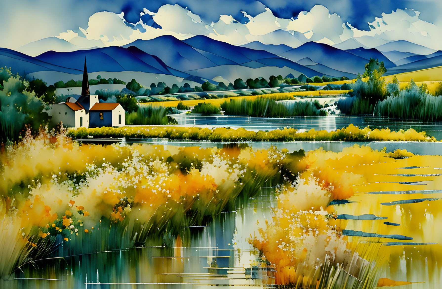 Colorful painting of lakeside house amid rolling hills & lush greenery under dramatic sky