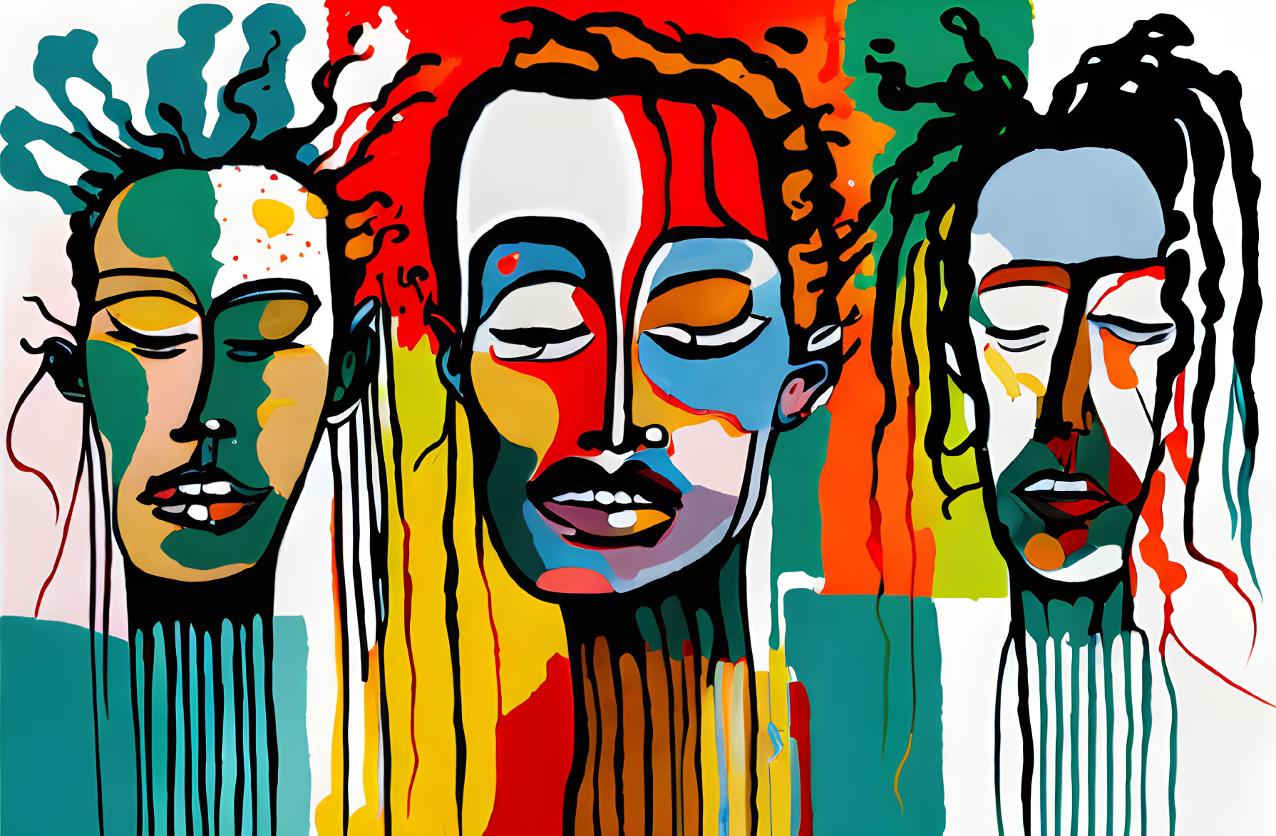 Vibrant abstract portrait of three faces with exaggerated features