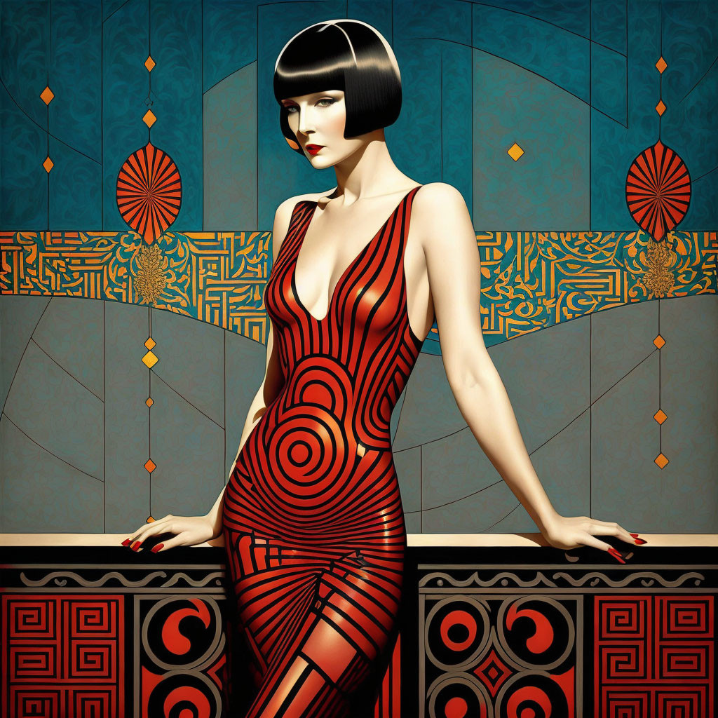 Woman with Bob Haircut in Red Dress on Geometric Art Deco Background