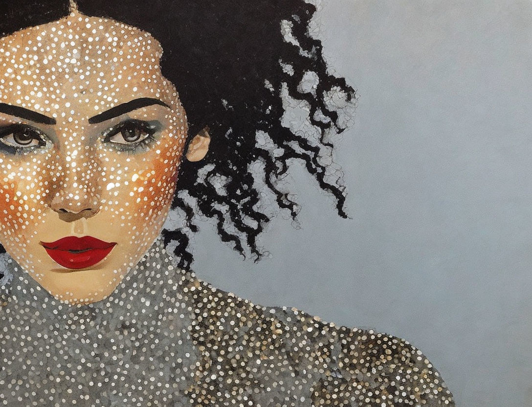 Pointillism portrait of woman with red lips, dark curly hair on grey background