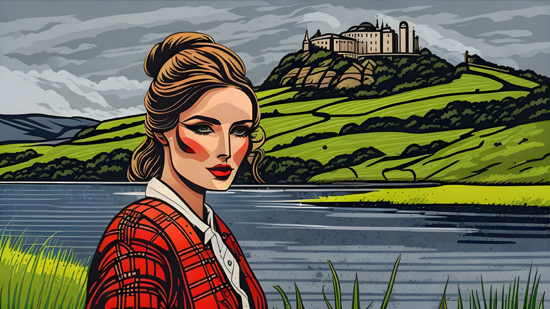 Woman with Updo Hairstyle in Red Checkered Outfit by Lake with Castle