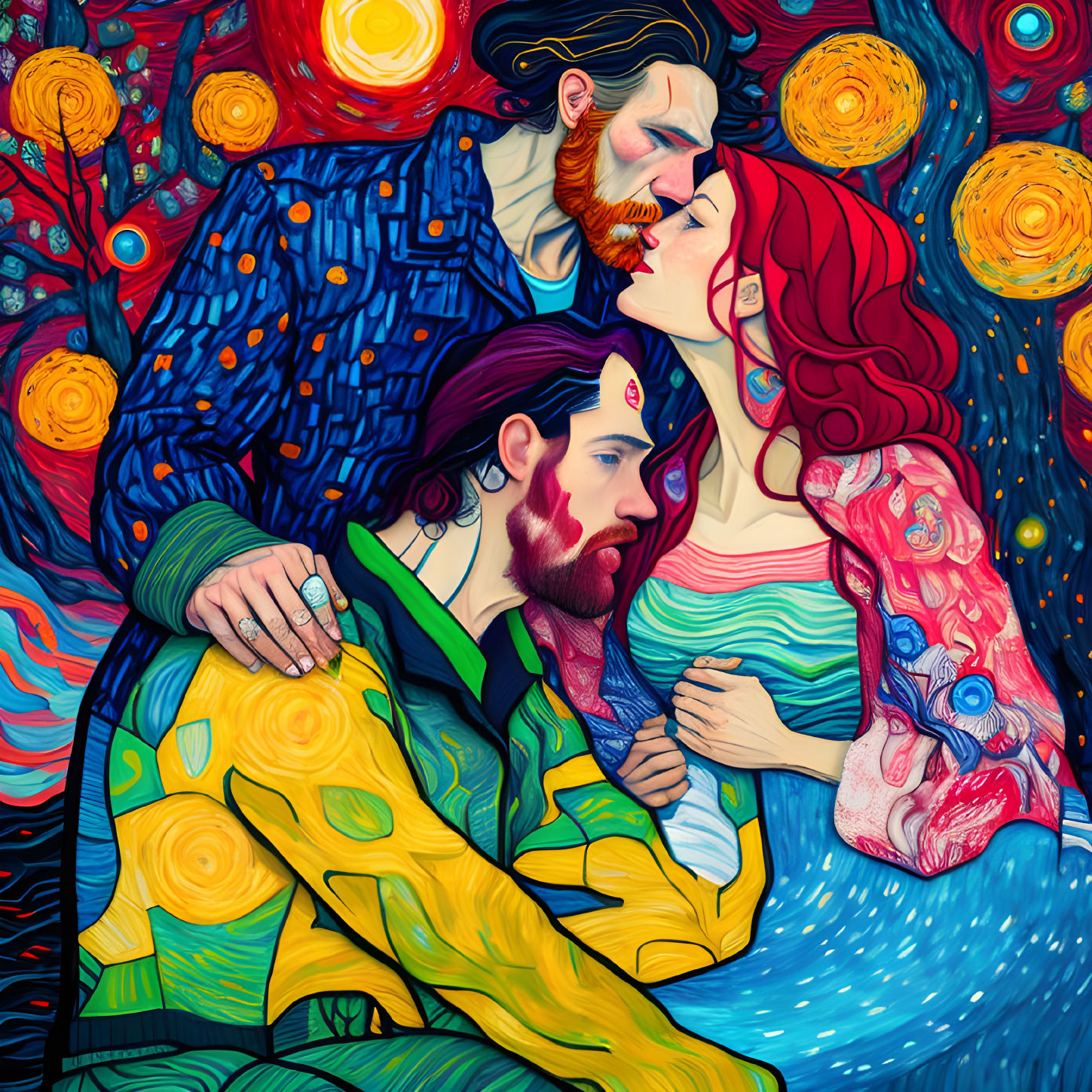 Illustration of two couples embracing in Van Gogh-inspired style