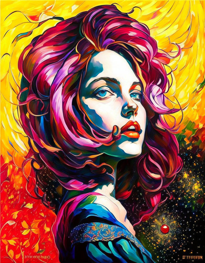 Colorful portrait of woman with fiery multicolored hair on abstract background