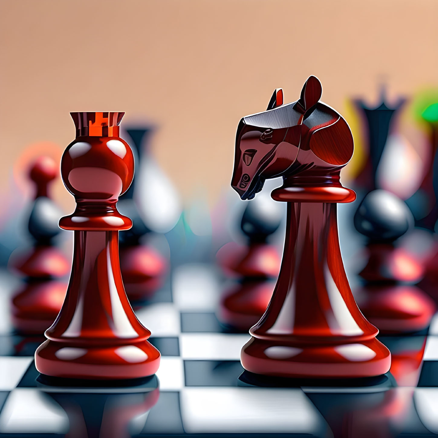 Digital illustration of red pawn and knight on chessboard, strategic face-off.