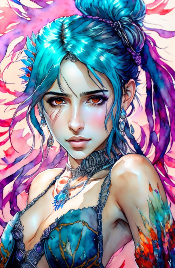 Vibrant teal-haired woman with feathers and tattoos on pink floral backdrop