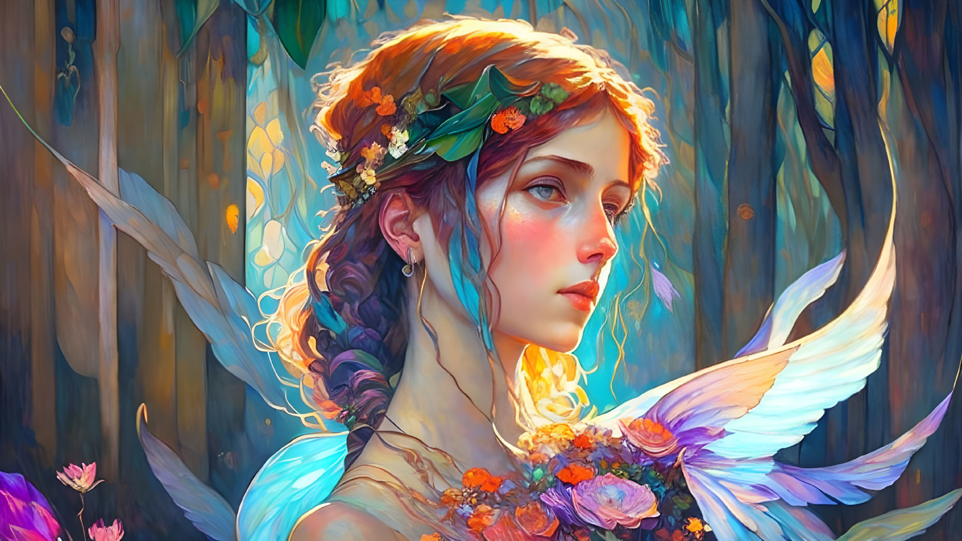 Ethereal female figure with floral wreath and colorful wings in mystical forest