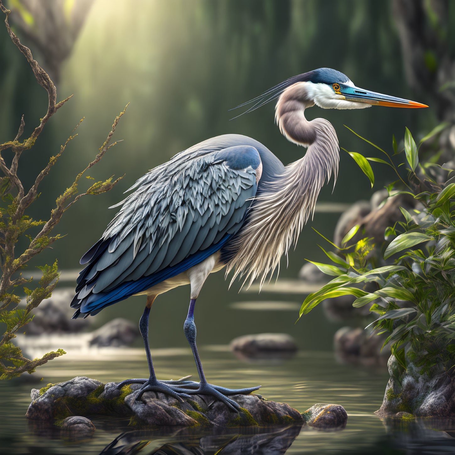 Graceful Great Blue Heron in Serene Water Scene