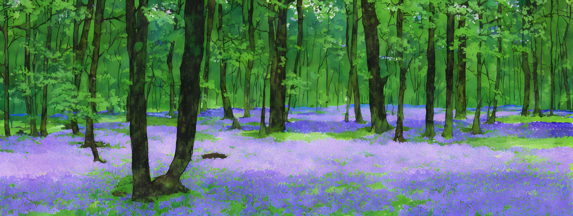 Colorful forest painting with dense trees and purple bluebell flowers