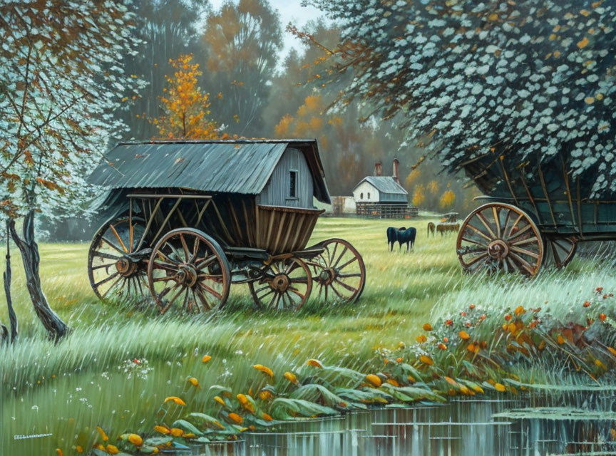 Tranquil rural landscape with old wagons, farmhouse, fall trees, and grazing horse