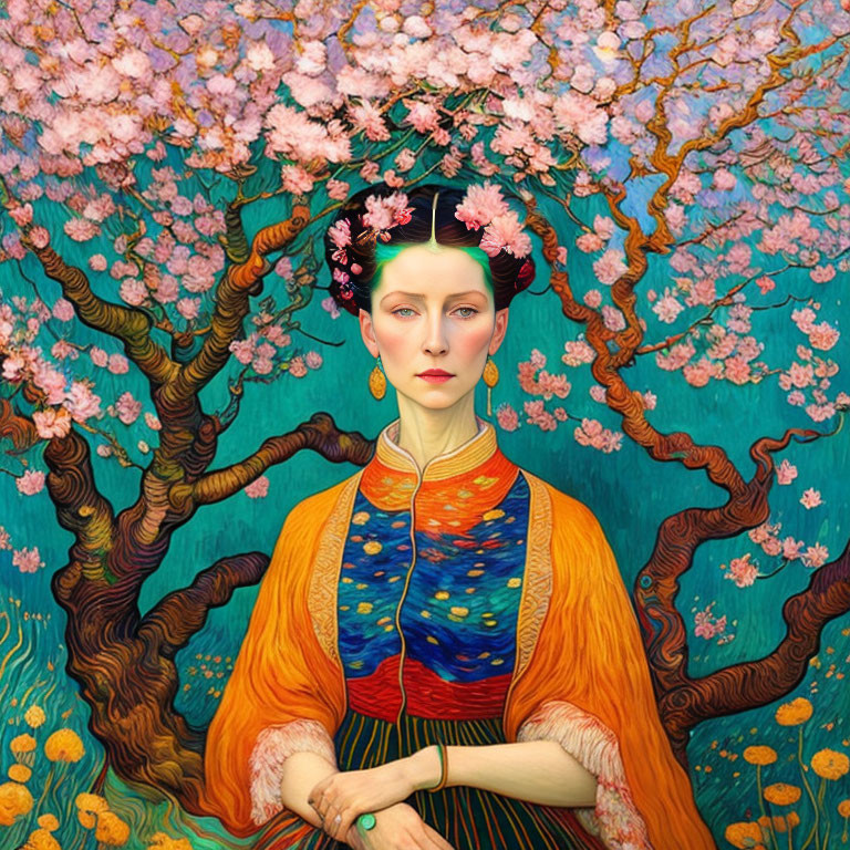 Serene woman portrait with cherry blossoms and colorful patterns