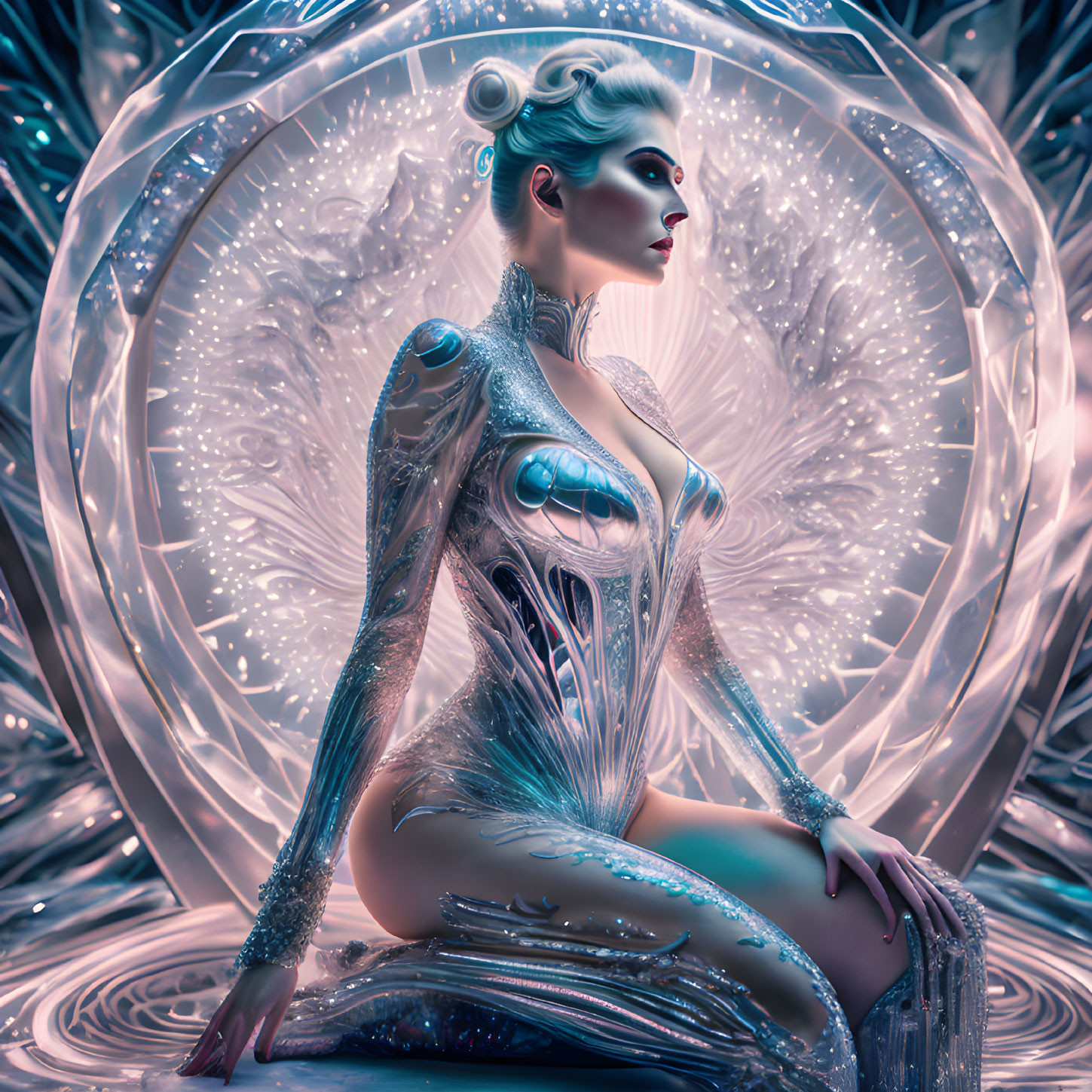 Futuristic female figure with metallic skin and intricate patterns in cool color palette surrounded by glowing fractal