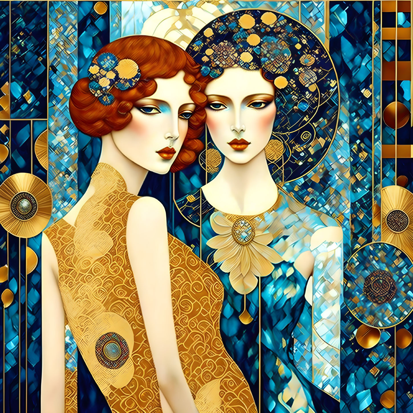 Stylized women with golden headpieces on blue mosaic background