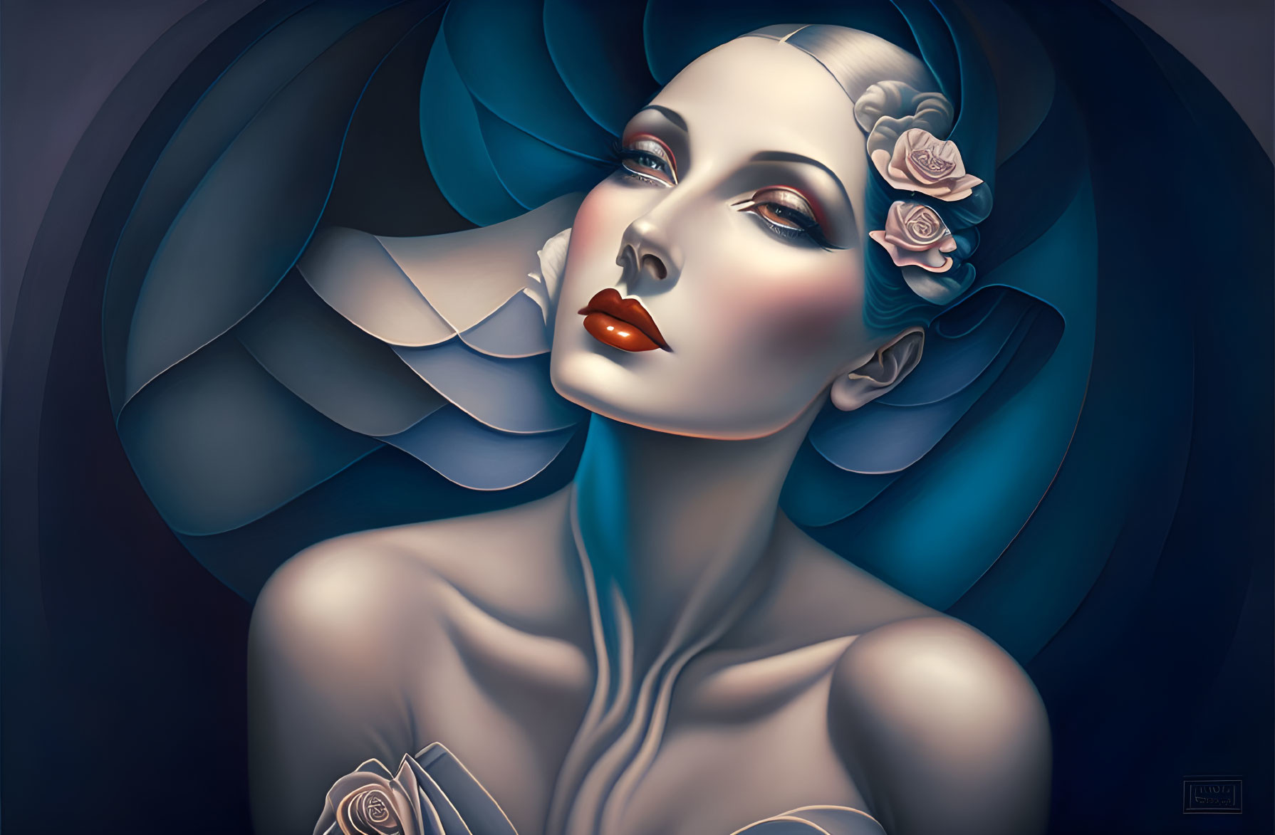 Illustration of woman with pale skin, red lips, blue swirled hair, and pink roses