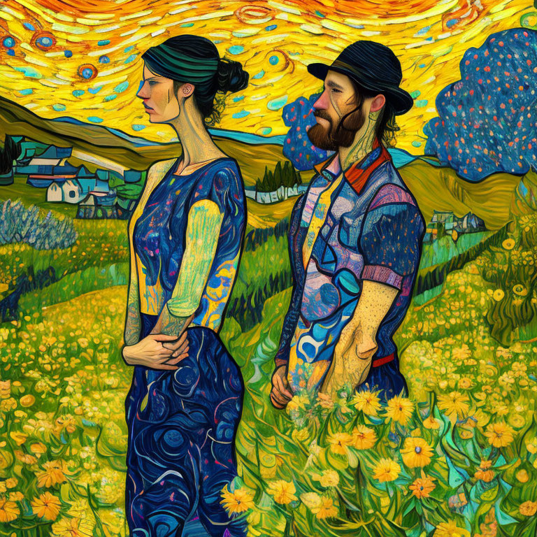 Digital Artwork: Couple in Van Gogh-Inspired Landscape