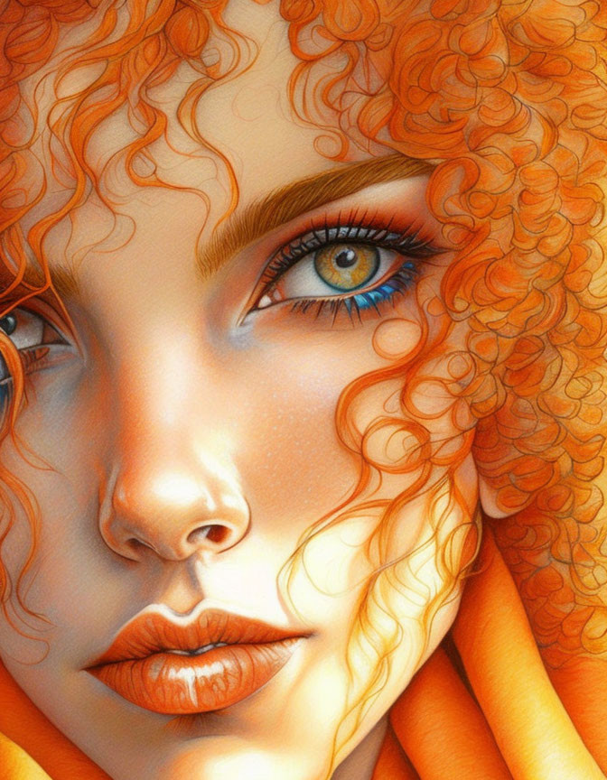 Detailed Portrait of Person with Red Curly Hair and Blue Eyes