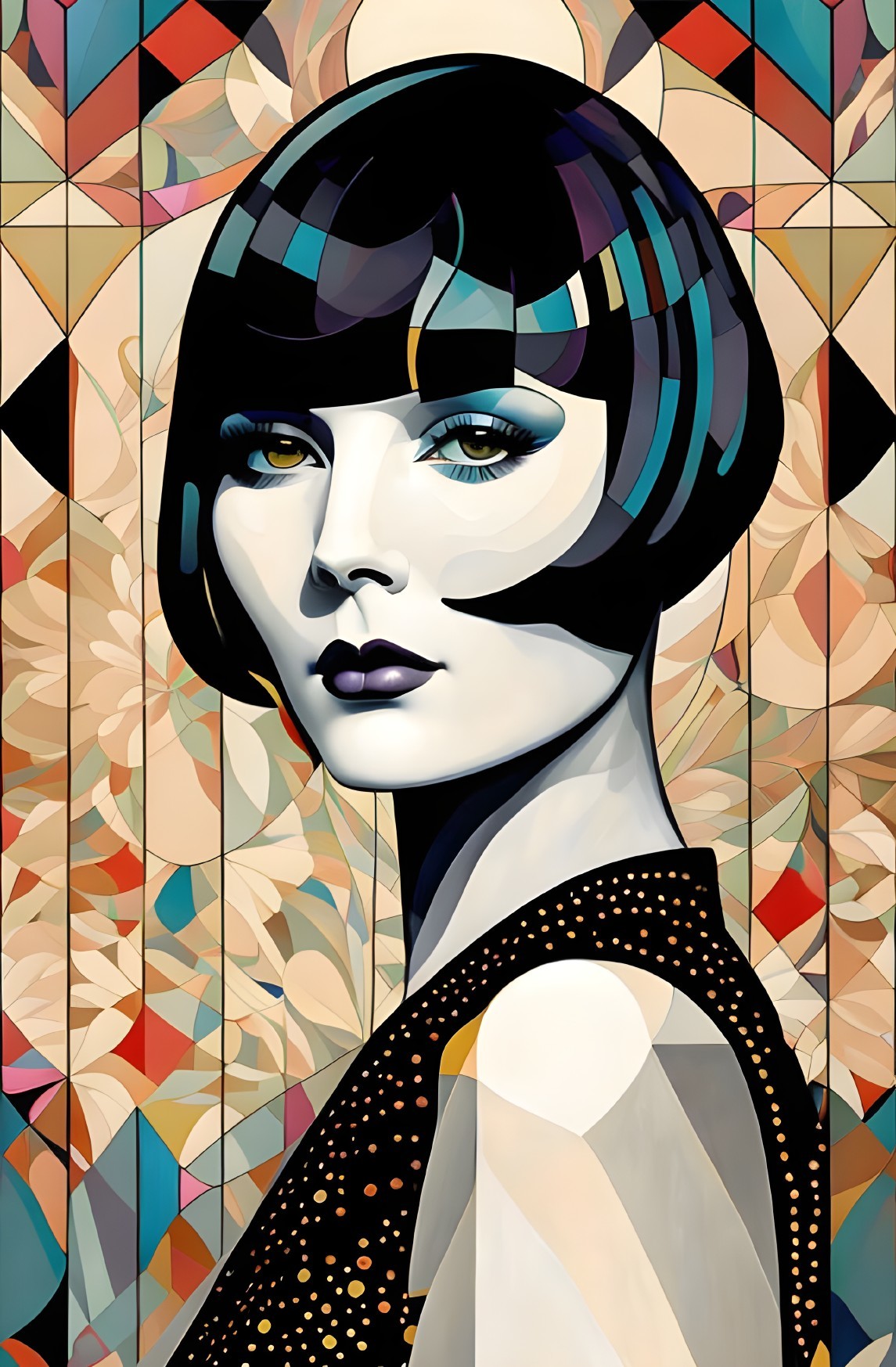 Geometric cubist style portrait of woman with bold makeup and 1920s flapper hairdo