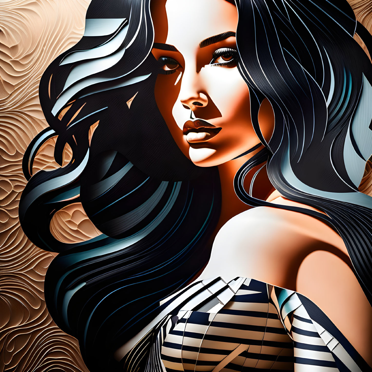 Stylized graphic illustration of a woman with black and white hair, striking eyes, and striped garment